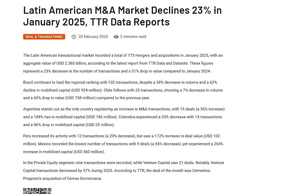 Latin American M&A Market Declines 23% in January 2025, TTR Data Reports